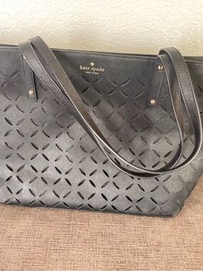 kate spade Black Laser-Cut Leather Tote with Gold Logo